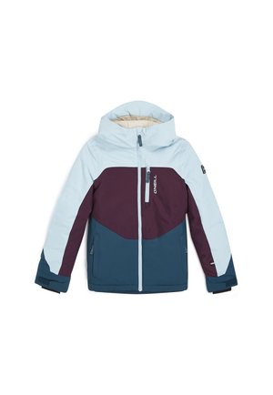 Hellblauer, dunkelvioletter und dunkelblauer Wintermantel mit Kapuze, Frontreißverschluss und Brusttaschen-Reißverschluss von O'Neill.