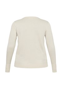 Pulover tricotat bej deschis, cu guler rotund, mâneci lungi și o textură netedă. Prezintă un design simplu, fără cusături, cu o croială lejeră.