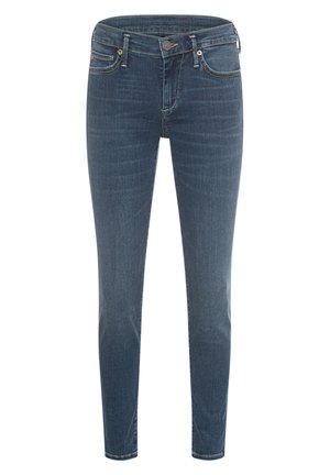 Donkerblauwe skinny jeans van denim. Heeft een klassieke vijf-pocketdesign, gestikte details en een metalen knoopsluiting aan de taille.