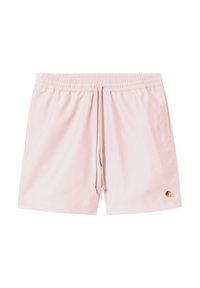 Pantalones cortos de color rosa claro, hechos de una tela suave, con una cintura elástica y un cordón de ajuste, y un pequeño logo dorado en la parte inferior derecha.