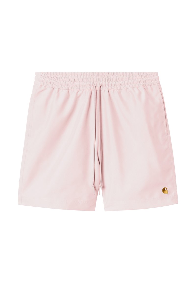 Pantalones cortos de color rosa claro, hechos de una tela suave, con una cintura elástica y un cordón de ajuste, y un pequeño logo dorado en la parte inferior derecha.