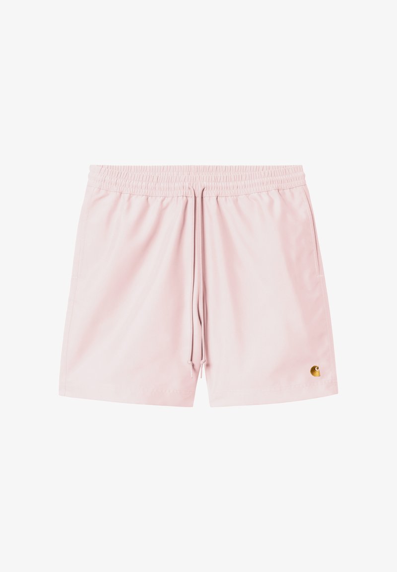 Pantalones cortos de color rosa claro, hechos de una tela suave, con una cintura elástica y un cordón de ajuste, y un pequeño logo dorado en la parte inferior derecha.