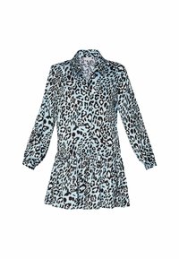 Abito con stampa leopardo in blu chiaro e nero, con colletto e maniche lunghe, dotato di vita arricciata e gonna svasata, realizzato in un tessuto morbido.