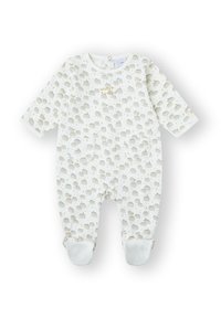 Pijama blanco para bebé con estampado de nube gris y luna amarilla, mangas largas, piernas con pies, bolsillos delanteros y texto "totalmente mágico" en el pecho.