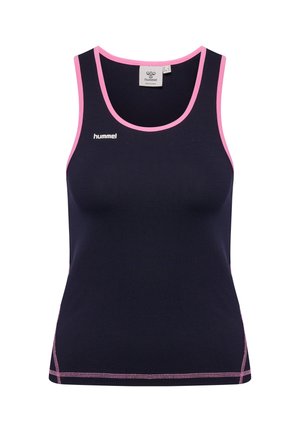 Débardeur de sport bleu marine sans manches avec une bordure rose et un logo hummel sur le côté gauche de la poitrine, fabriqué en tissu lisse et extensible.