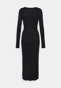 Musta ribbed-neule midi-mekko pitkillä hihoilla ja pyöreällä kaula-aukolla, tiukka siluetti, esitetty vaalean valkoista taustaa vasten.