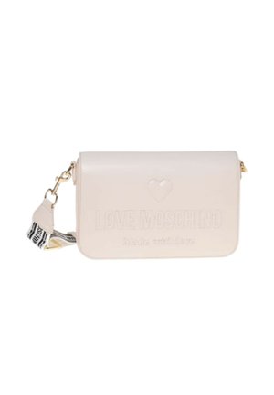 Borsa a tracolla in pelle rosa con il logo "LOVE MOSCHINO" in rilievo e dettaglio a cuore, dotata di una tracolla removibile con logo e accenti in oro.