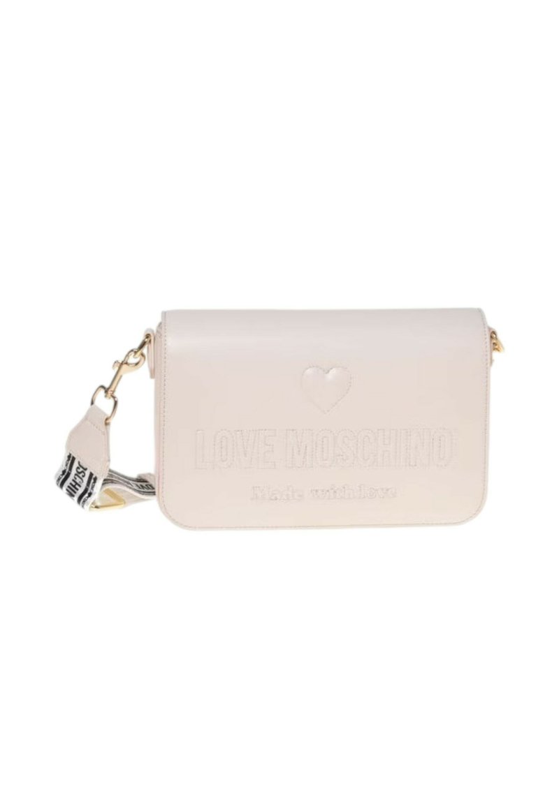 Borsa a tracolla in pelle rosa con il logo "LOVE MOSCHINO" in rilievo e dettaglio a cuore, dotata di una tracolla removibile con logo e accenti in oro.