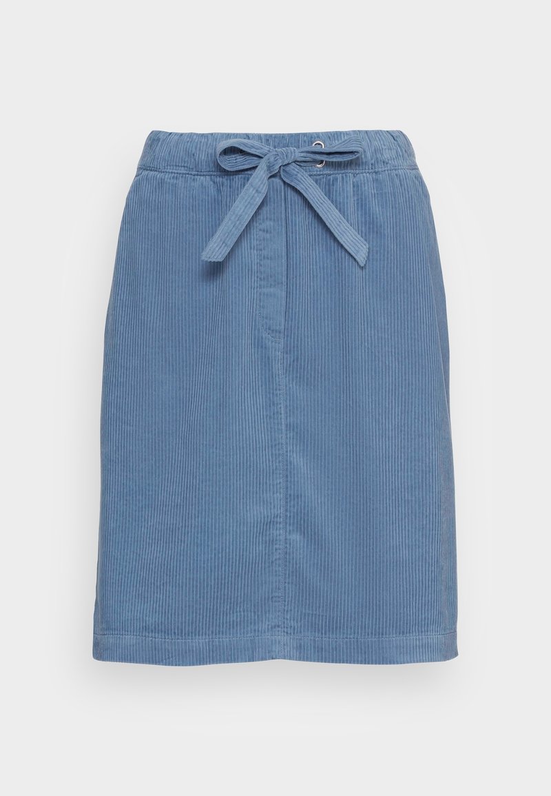 Jupe en velours côtelé bleu avec taille à cordon. Tissu texturé présentant des rayures verticales. Coupe droite avec un ourlet qui se termine au-dessus du genou.