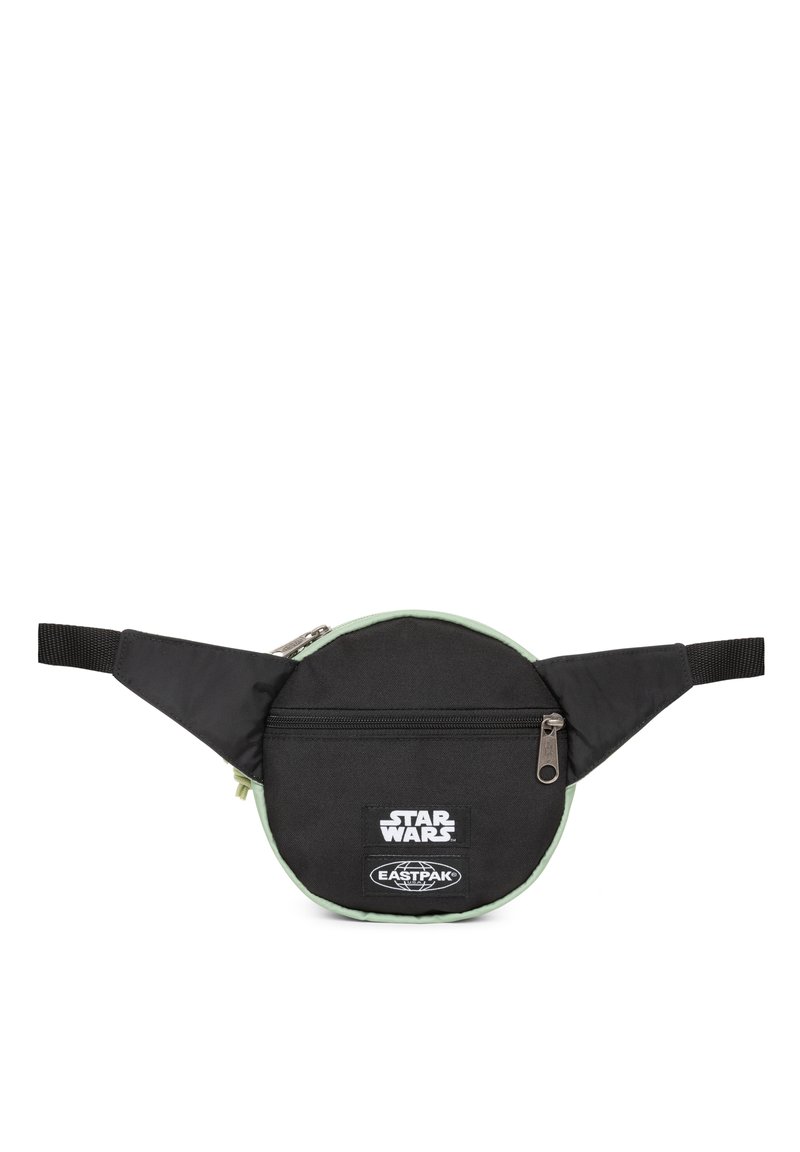 Sac banane noir rond avec des accents verts, comportant deux compartiments zippés et des logos Star Wars et Eastpak. Fabriqué en matériau durable.