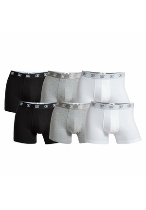 Sechs Herren-Boxershorts in Schwarz, Grau und Weiß mit CR7-Logo-Bund, in zwei Reihen auf weißem Hintergrund angeordnet.