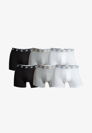 Sei boxer da uomo in nero, grigio e bianco con fascia in vita con logo CR7, disposti in due file su sfondo bianco.