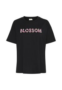 Čierne tričko s krátkym rukávom a voľným strihom, na prednej strane s kvetinovou výšivkou "BLOSSOM" v ružovej, bielej a purpurovej farbe. Bavlnený materiál.