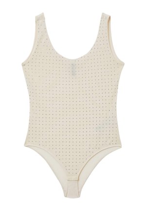 Body beige con scollatura a bateau, caratterizzato da un motivo di piccole borchie silver sul davanti. Tessuto morbido con una consistenza liscia.