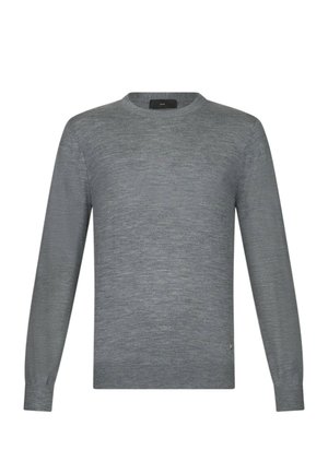 Grauer Langarmpullover aus weichem, strukturiertem Stoff. Er verfügt über einen Rundhalsausschnitt und einen kleinen Logo-Akzent nahe dem Saum.