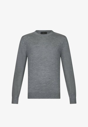 Grauer Langarmpullover aus weichem, strukturiertem Stoff. Er verfügt über einen Rundhalsausschnitt und einen kleinen Logo-Akzent nahe dem Saum.