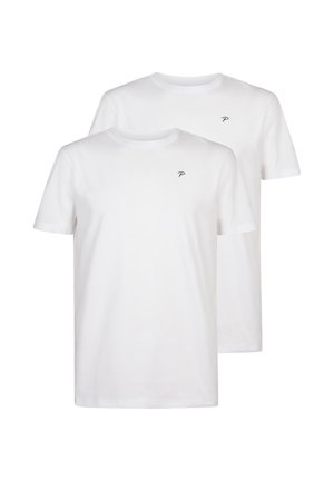 Zwei kurzärmlige T-Shirts aus weißer Baumwolle, mit Rundhalsausschnitt und einem kleinen schwarzen Logo auf der Brust. Einfaches und klassisches Design.