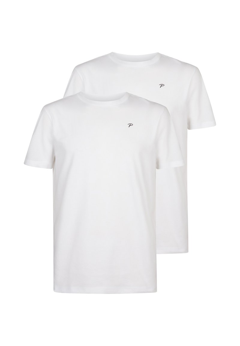 Due magliette a maniche corte in cotone bianco, con scollo rotondo e un piccolo logo nero sul petto. Design semplice e classico.
