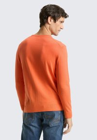 Oranje pullover trui met lange mouwen, een gladde textuur en geribbelde zoom. Achteraanzicht toont een eenvoudig, klassiek ontwerp. Gecombineerd met een blauwe spijkerbroek.