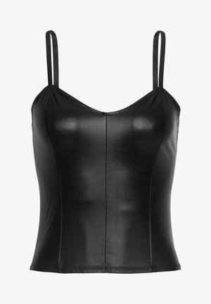 Czarny dopasowany top z ekoskóry z cienkimi podwójnymi ramiączkami i pionowymi przeszyciami.