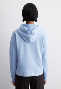 Felpa con cappuccio di colore blu chiaro, dal tessuto morbido, con tasca a marsupio e polsini a costine, vista da dietro.