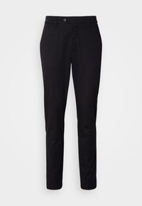 Black trousers in a slim fit with a smooth fabric texture, featuring a front button and zipper closure, side pockets, and a simple design.