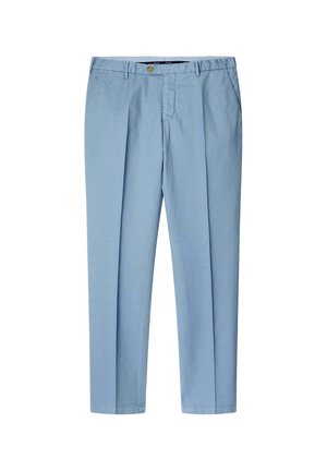 Pantaloni plissettati azzurro chiaro realizzati in tessuto leggero, dotati di chiusura con bottone anteriore e tasche sui lati per riporre oggetti.