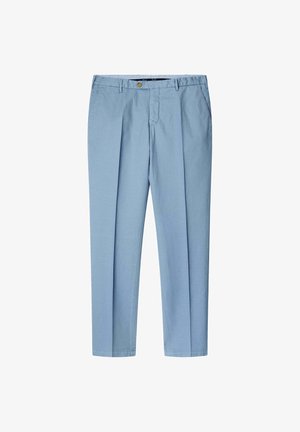 Helleblaue, gefaltete Hose aus leichtem Stoff, mit einem Knopfverschluss vorne und seitlichen Taschen zur Verstauung.