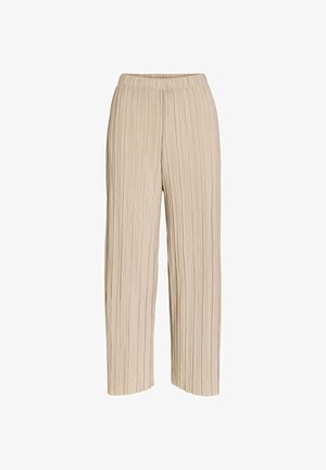 Įvairių spalvų platėjančios kelnės su vertikaliomis klostėmis ir elastingu juosmeniu, skirtos laisvam prigludimui.