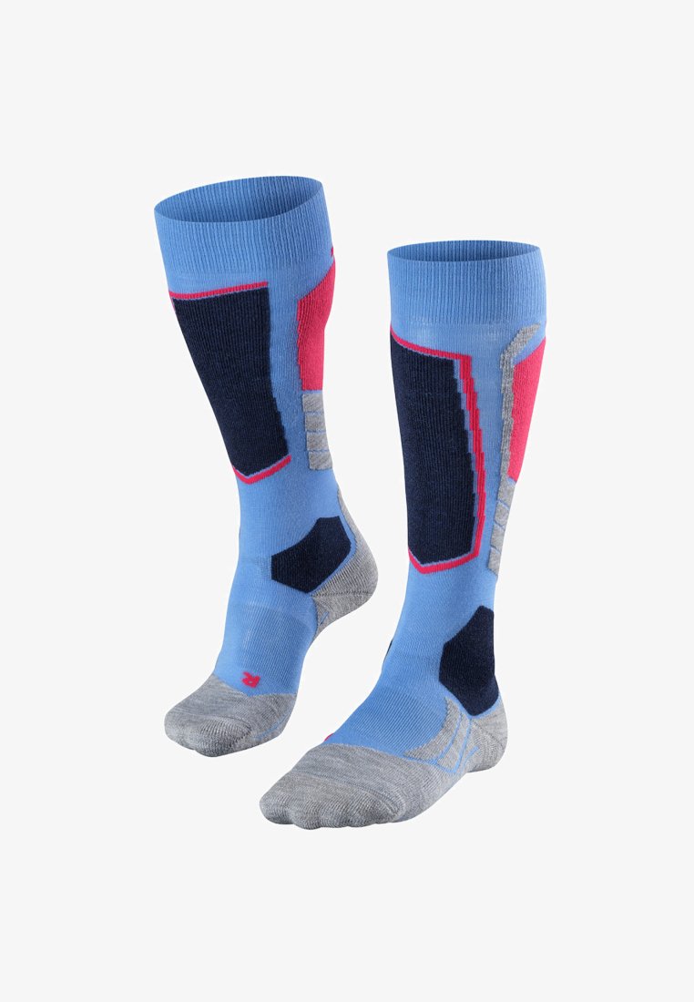 Calze fino al ginocchio con un corpo blu chiaro, dettagli navy e rosa, punta rinforzata e una texture decorata per una maggiore durabilità e comfort.