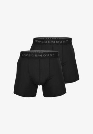 Zwarte boxershorts gemaakt van zachte stof, met een comfortabele tailleband waarop "SWEDEMOUNT" in grijs is gedrukt. Gladde textuur, nauwsluitend ontwerp.