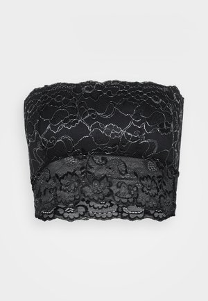 Bralet din dantelă neagră fără bretele, cu modele florale. Partea superioară are un design complex din dantelă; partea de jos are o bandă din dantelă texturată.