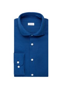 Camicia blu con bottoni realizzata in tessuto testurizzato. Presenta un colletto classico, cinque bottoni bianchi e un polsino con un bottone. Etichetta sul colletto.