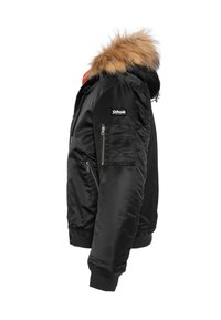 Czarna kurtka bomberka z gładkiego nylonu, z kapturem wyłożonym futerkiem, ściągaczami przy mankietach oraz wieloma zapinanymi na suwak kieszeniami.