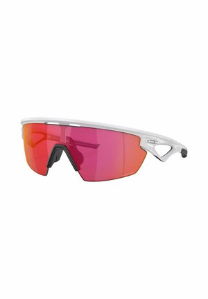 Sportsonnenbrille mit einem weißen Rahmen, großen, rosa getönten Gläsern und einem schwarzen Nasensteg. Schlankes Design, leicht und aerodynamische Form.