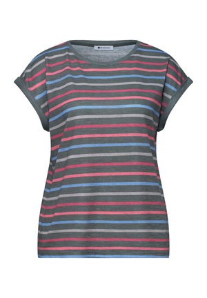 Graues T-Shirt mit kurzen Ärmeln und horizontalen Streifen in Pink, Blau und Hellgrau, mit rundem Ausschnitt und umgeschlagenen Ärmelbündchen.
