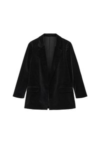 Blazer in velluto nero con revers, maniche lunghe e tasche a pattina, esposto su uno sfondo bianco.