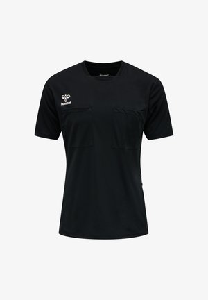 Sort kortærmet skjorte lavet af et glat, let stof, som har to forlommer, logo på venstre bryst og en rund halsudskæring.