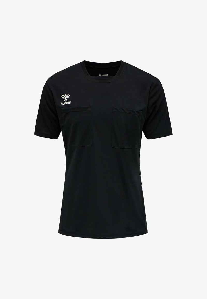 Sort kortærmet skjorte lavet af et glat, let stof, som har to forlommer, logo på venstre bryst og en rund halsudskæring.