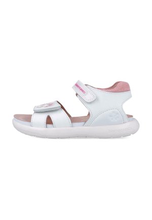 Sandalia de cuero blanco con un forro de ante rosa, correa ajustable con cierre de velcro, puntera abierta y diseño floral en la correa. Suela de goma blanca.