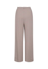 Stribede bredbensbukser i lys creme og dæmpet brun, med et tekstureret stof og en elastisk talje for komfort.