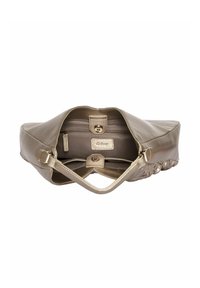 Beige leather handbag with a smooth texture, featuring a zippered pocket and snap closure inside. Double straps for carrying.