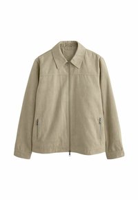 Chaqueta ligera beige con cremallera frontal, cuello de camisa y dos cremalleras laterales. Textura suave y diseño sencillo, adecuada para ropa casual.