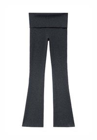 Ausgestellte Leggings aus dunkelgrauem stretchy Stoff, mit einem breiten Rippbund und einer glatten Textur.