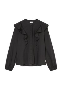Black long-sleeve blouse with ruffled collar and center buttons, made of lightweight material. Features gathered cuffs and a loose fit.