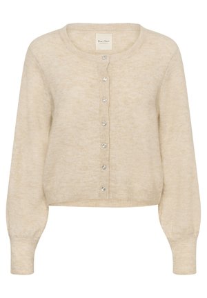 Beige cropped vest met lange pofmouwen en zeven transparante decoratieve knopen aan de voorkant.