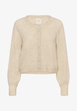 Bež krajši pulover s dolgimi nabranimi rokavi in sedmimi prozornimi okrasnimi gumbi spredaj.