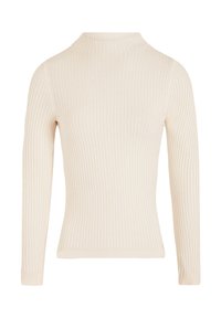Maglione a maniche lunghe, a collo alto, con righe, in morbido tessuto crema. Texture liscia con silhouette aderente e leggero stretch. Senza loghi visibili.