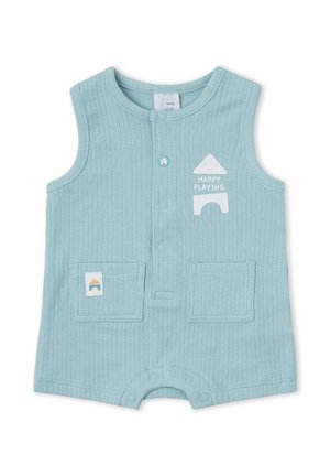 Pelele de bebé sin mangas azul claro acanalado con botones de presión delanteros, dos bolsillos delanteros y texto "Happy Playing" con gráfico de casa en el pecho.