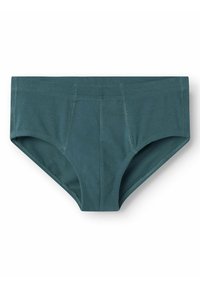 Chiloți din bumbac de culoare teal, cu o textură netedă, design cu talie joasă și fără elemente hardware vizibile. Prezintă detalii fine de cusătură pe margini.